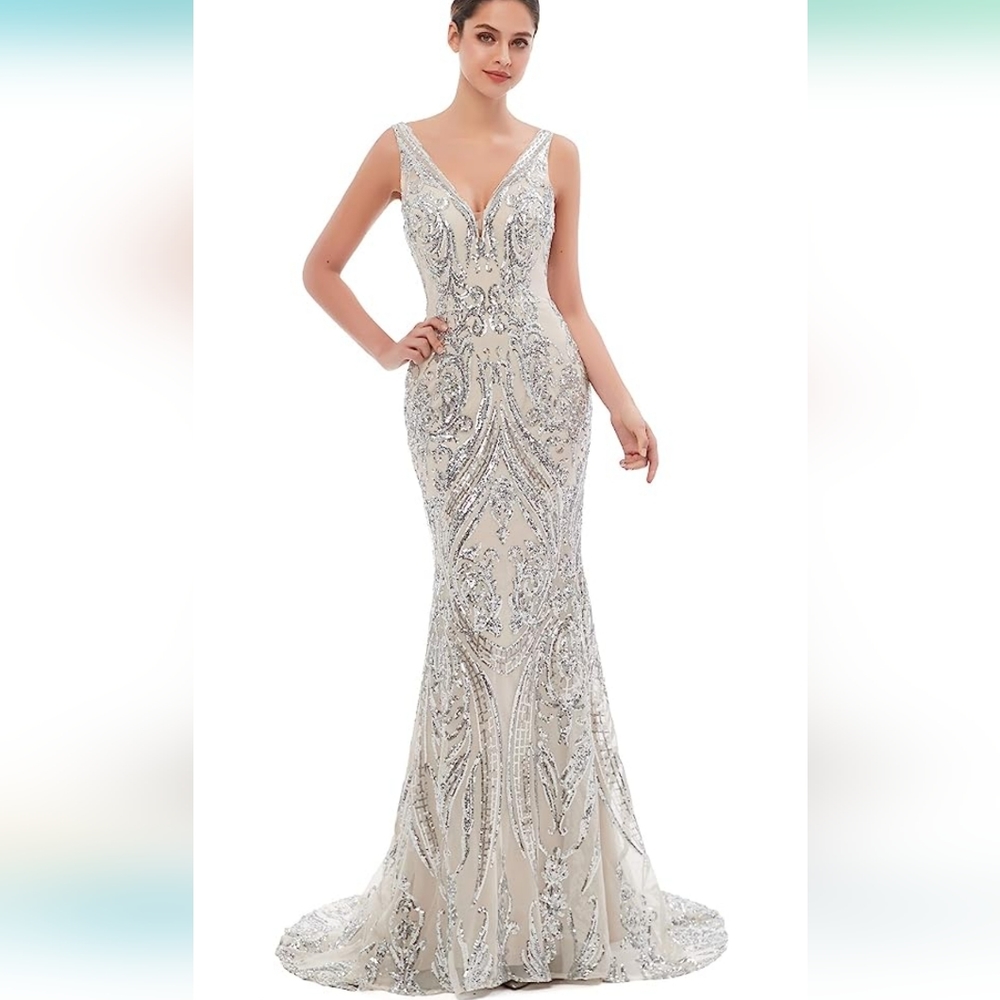 V-Neck Sequins Sleeveless Lace-up Mermaid Evening Dress